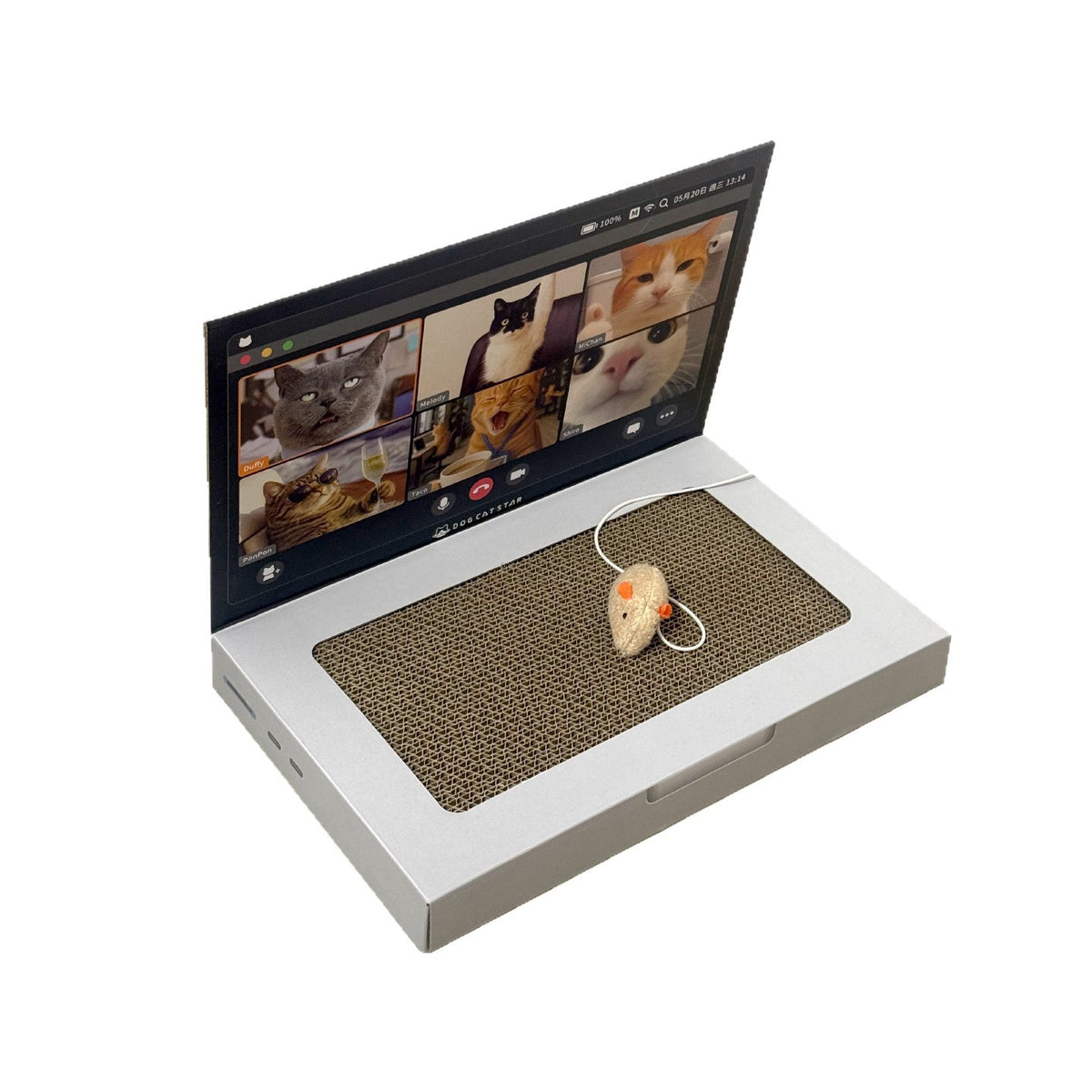 Laptop with cat-themed screen displaying images of cats, next to a scratch pad and toy mouse on a white background.