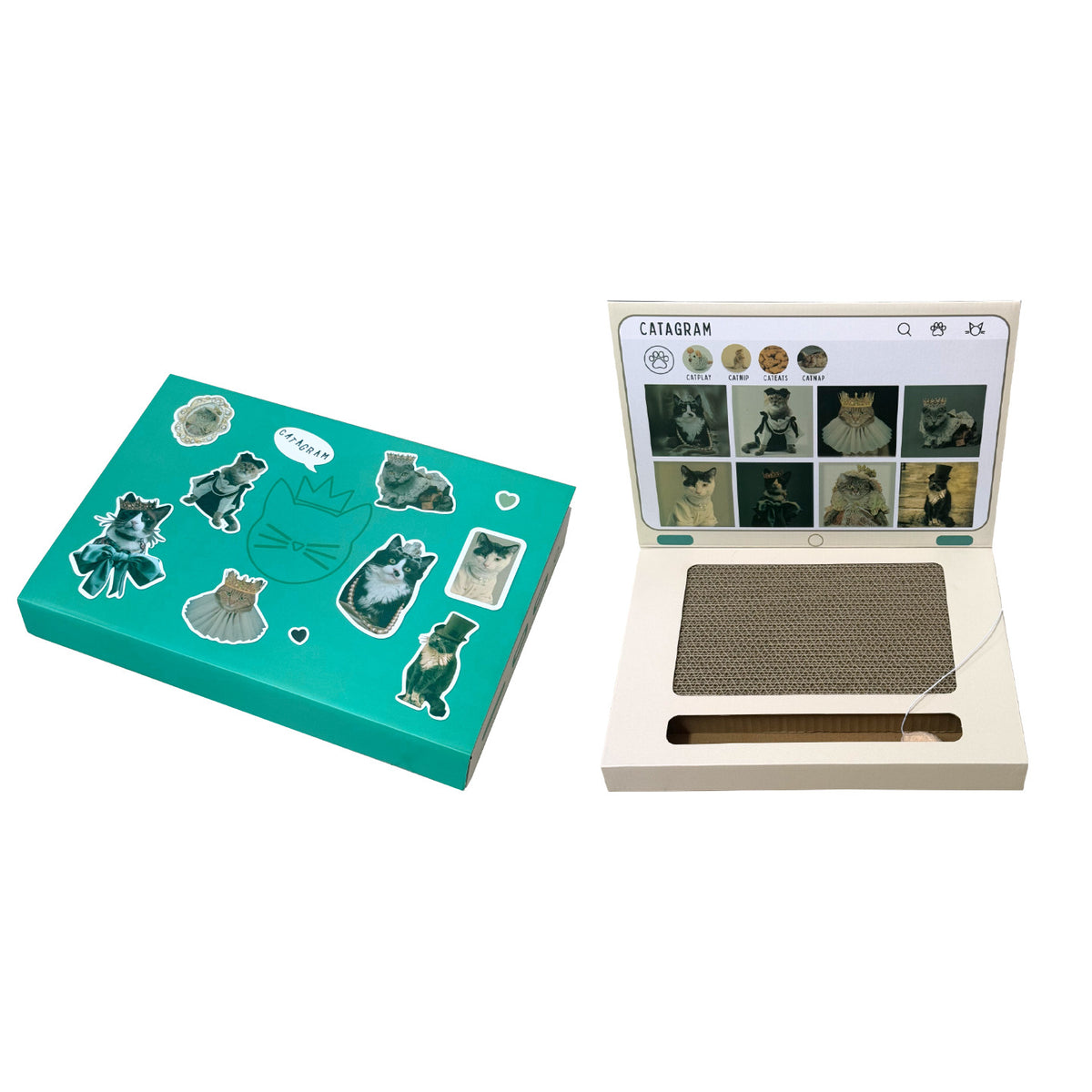 A cat-themed packaging set shown on a white background, featuring a teal box decorated with cat illustrations and a second open cream-colored box displaying a printed cat photo collage and a scratching pad.