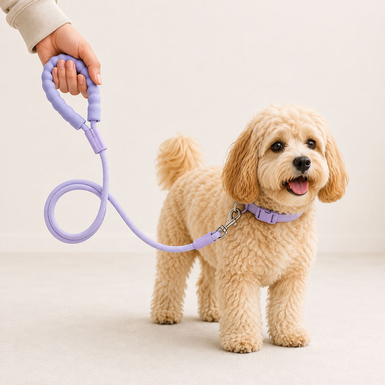 A small fluffy beige dog wearing a lavender purple collar and leash, held by a person's hand against a clean off-white studio background.