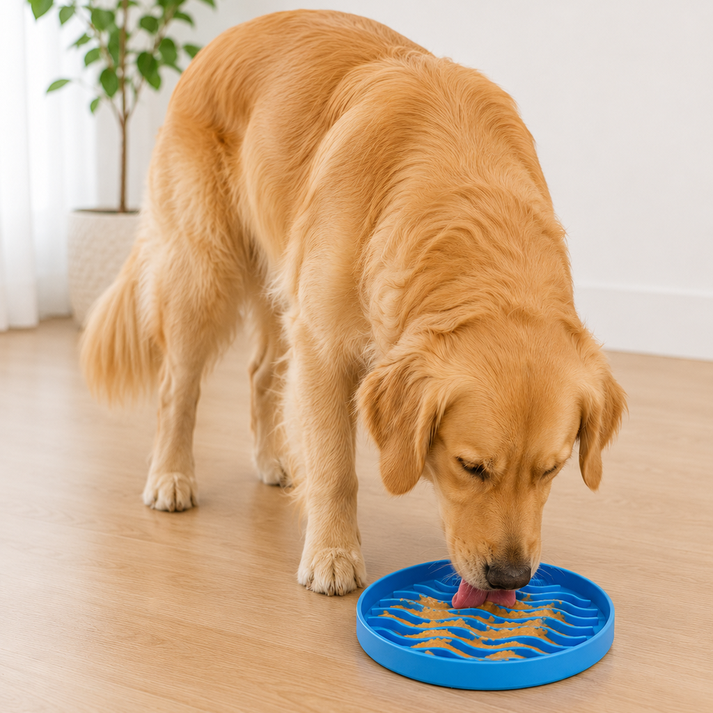 A golden retriever dog drinking from a blue silicone slow feeder bowl on a light wood floor in a bright room.