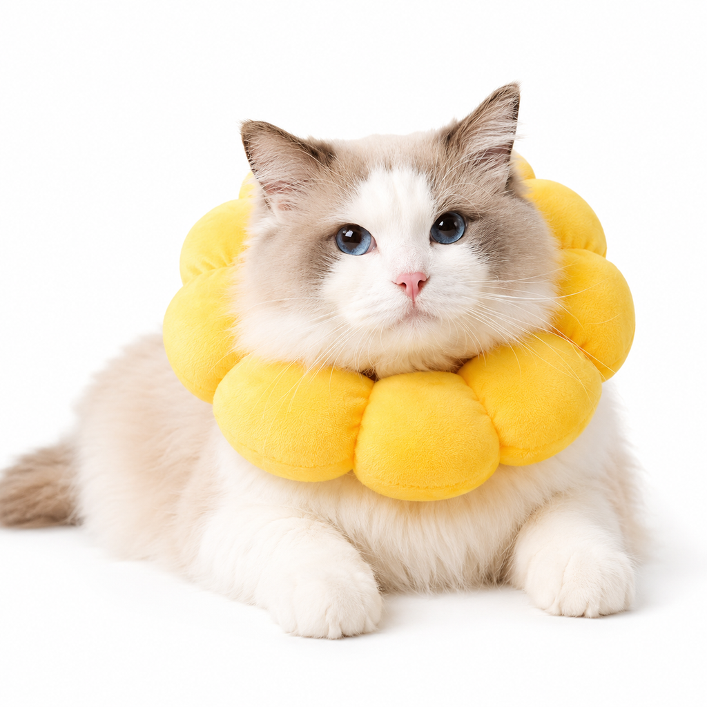A fluffy white and gray cat wearing a bright yellow flower-shaped pet collar, lying down on a clean white background.