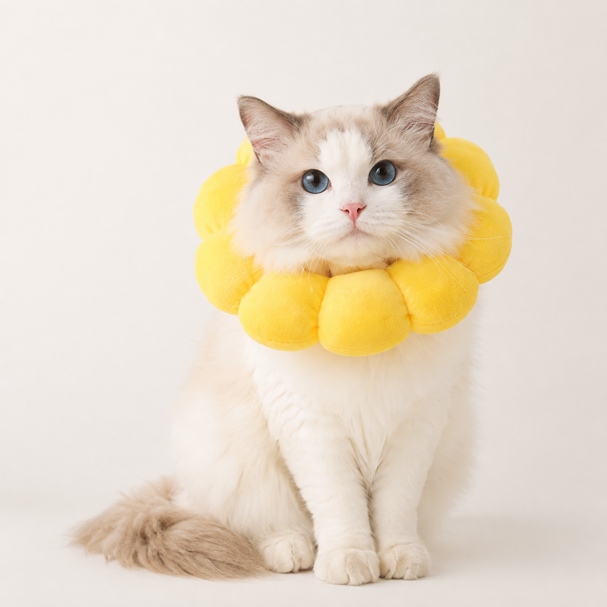 A fluffy white and beige cat wearing a bright yellow flower-shaped pet collar, sitting against a clean off-white background.