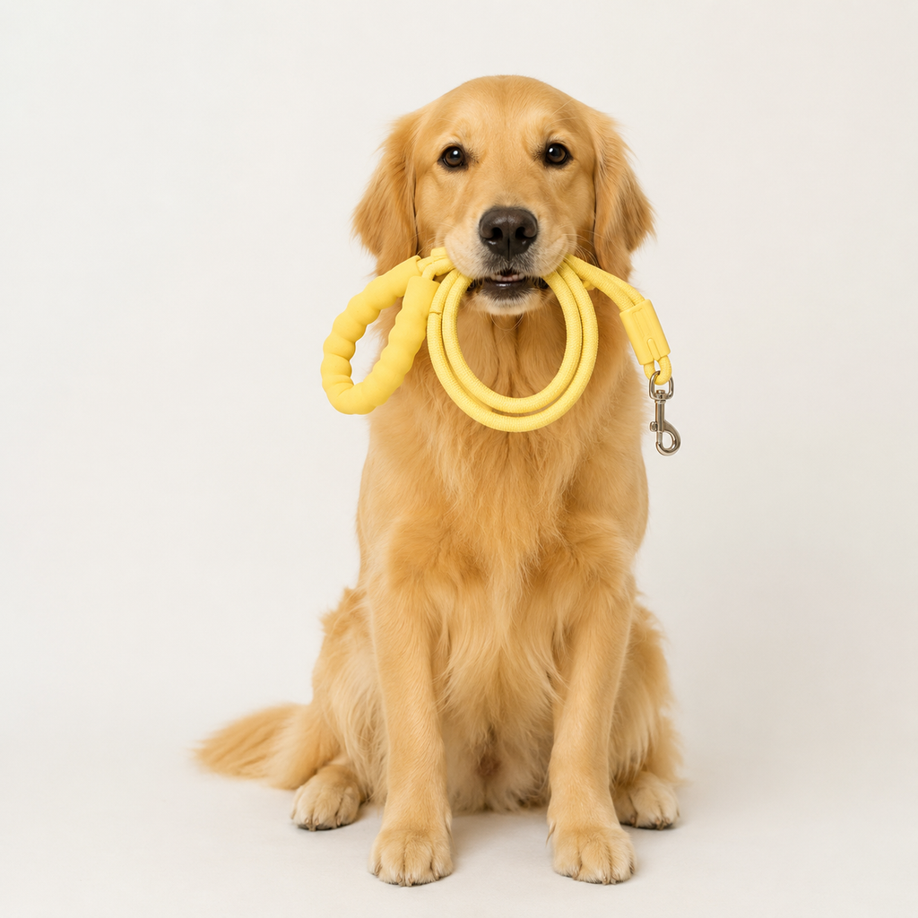 A golden retriever dog sits on a white studio background holding a bright yellow rope toy with a metal clasp in its mouth.