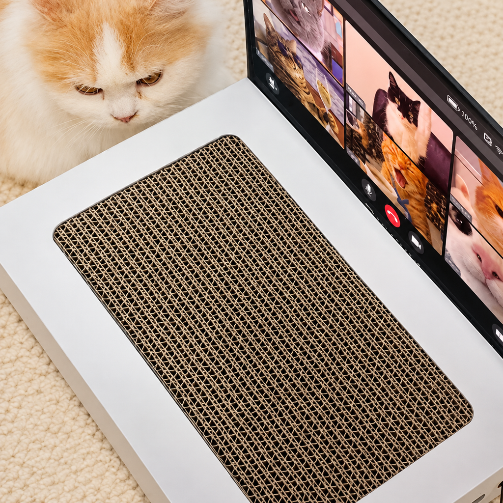 A cat scratcher designed like a laptop palm rest, with a brown corrugated cardboard scratching surface, shown next to a real cat on a beige carpet.