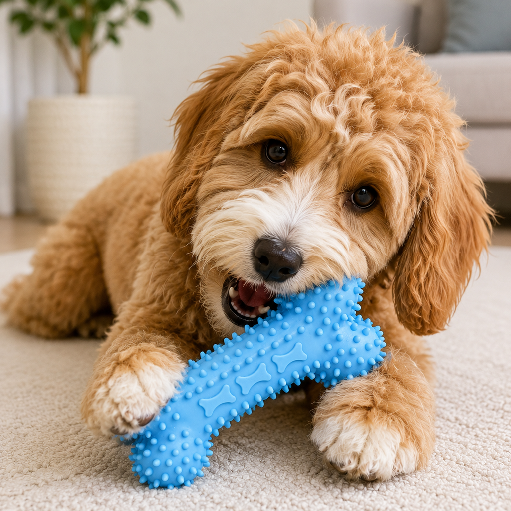 A small golden doodle dog lying on a beige carpet and biting a bright blue textured dog toy. The background shows a softly blurred living room with a sofa and a potted plant.